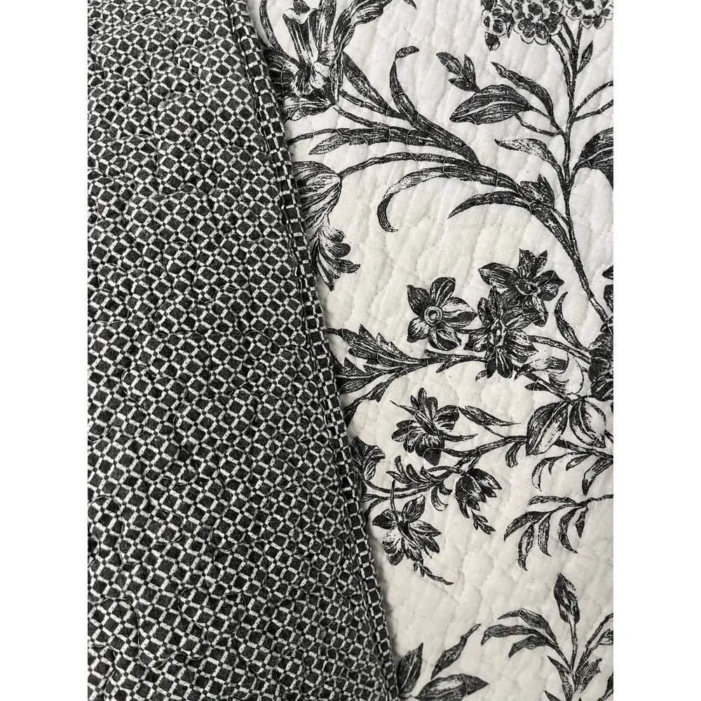 Laura Ashley Black White Toile Floral Quilt Set 87x92 Cotton Cottagecore Bedding - Picture 3 of 5
